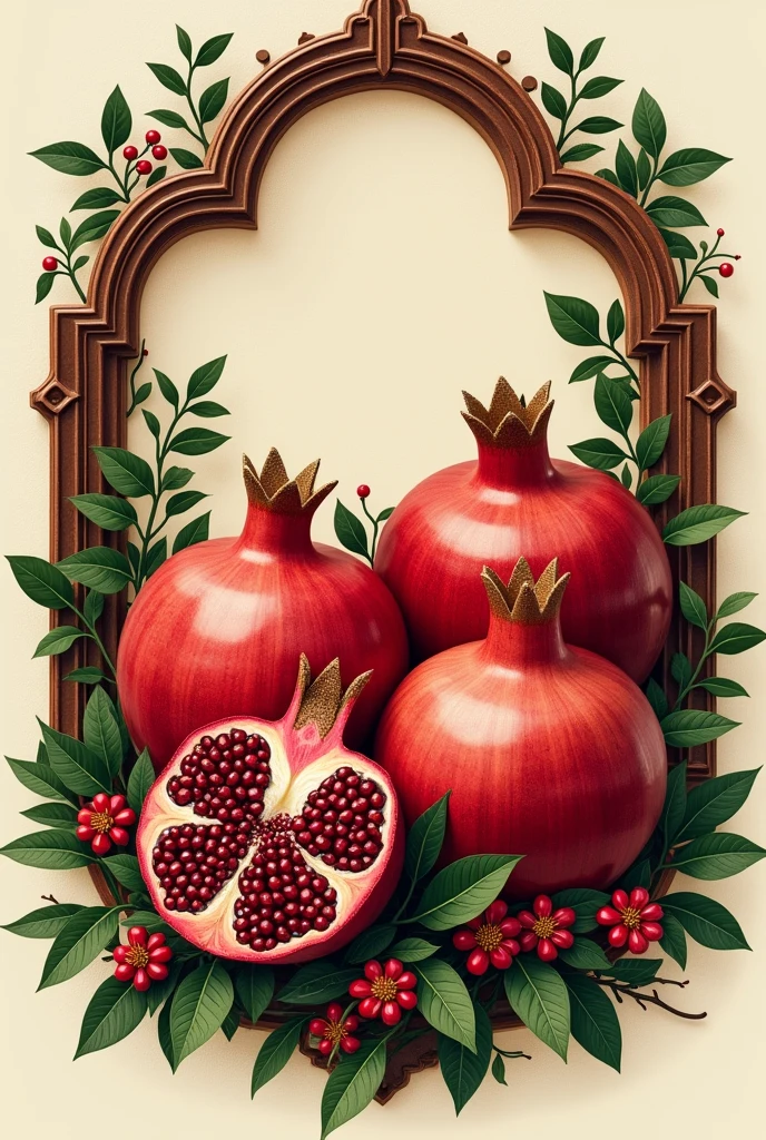 Wine bottle label with three pomegranate fruits, a whole one, Another one open at the top and the third one that is larger without a bottom with a frame in the shape of a pomegranate and a bottom with pomegranate bushes.
