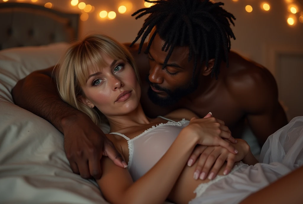 (Photorealsitic:1.4), (masterpiece:1.3), (top-quality:1.4), ultrarealistic
sexy well proportioned, full body of
((innocent and (sexy) little middle age woman and tall (muscular) black man )) ,
lycra black thong , powerful haw, dreadlocks, detailed long dreadlocks,
she bright expression, extremely beautyful, amazing beautyful, Extraordinary beautiful, Detailed cute and beautiful face, perky small nose, Beautiful bangs, Glowing white shiny skin, Bangs that extend to the face,
(cozy night bedroom),
alternative vibe,beautiful big blue eyes,freckles, short ponytail blonde hair,tight body,
vibrant lighting, high contrast,dramatic shadows,highly detailed,detailed skin,depth of field,dynamic angle,glimmer lighting, film grain,
woman (white transparent gauze gown, pink undies)
man thong,
he lying on his back on bed, she mounted on his hips, he holding her legs, he kissing her neck with desire, 5 fingers, passionate pose,
