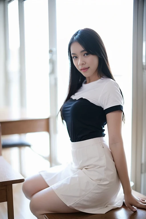 ,1 woman, full body, (((Beautiful young woman wearing a white short-sleeved shirt))), (((Wearing a short black A-line skirt))), big breasts, Stand out in sexy poses.  There are several lecture tables at the back, with sliding glass windows..  There is evening light shining into the room..