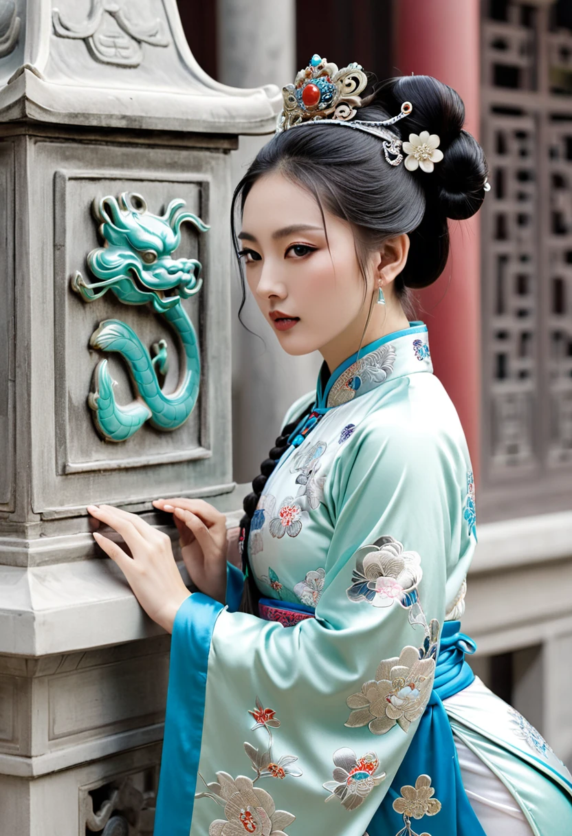 Stone letter M (pornographic pose) outside a Chinese palace during the Qing Dynasty A gorgeous Chinese courtesan with her hair tied on both sides A perverted and erotic woman wearing a crown and tying her hair is the backdrop for a gorgeous room of an empress in a Chinese court during the Qing Dynasty.