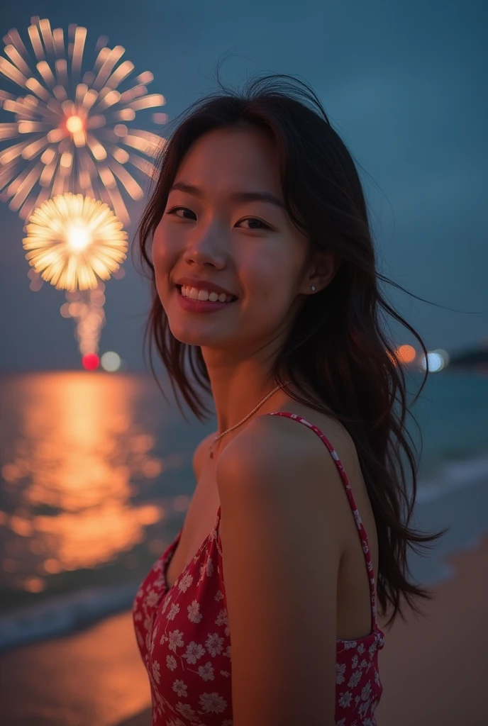 Japanese,Age 22,beautiful girl,Randomly generated people with diverse facial features and hairstyles,Perfect Anatomy,Ocean,Beach,firework,Night Sky,Launch firework, Ocean,sweet girl,Photoshoot,magazine photography