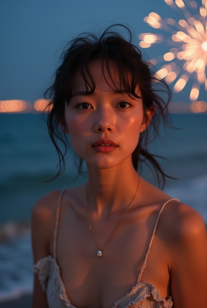 Japanese、Age 25、sister、Randomly generated people with diverse facial features and hairstyles、Perfect Anatomy,Ocean、Beach、firework、Night Sky、打ち上げfirework、目をOceanつぶる、Mature woman，Photoshoot