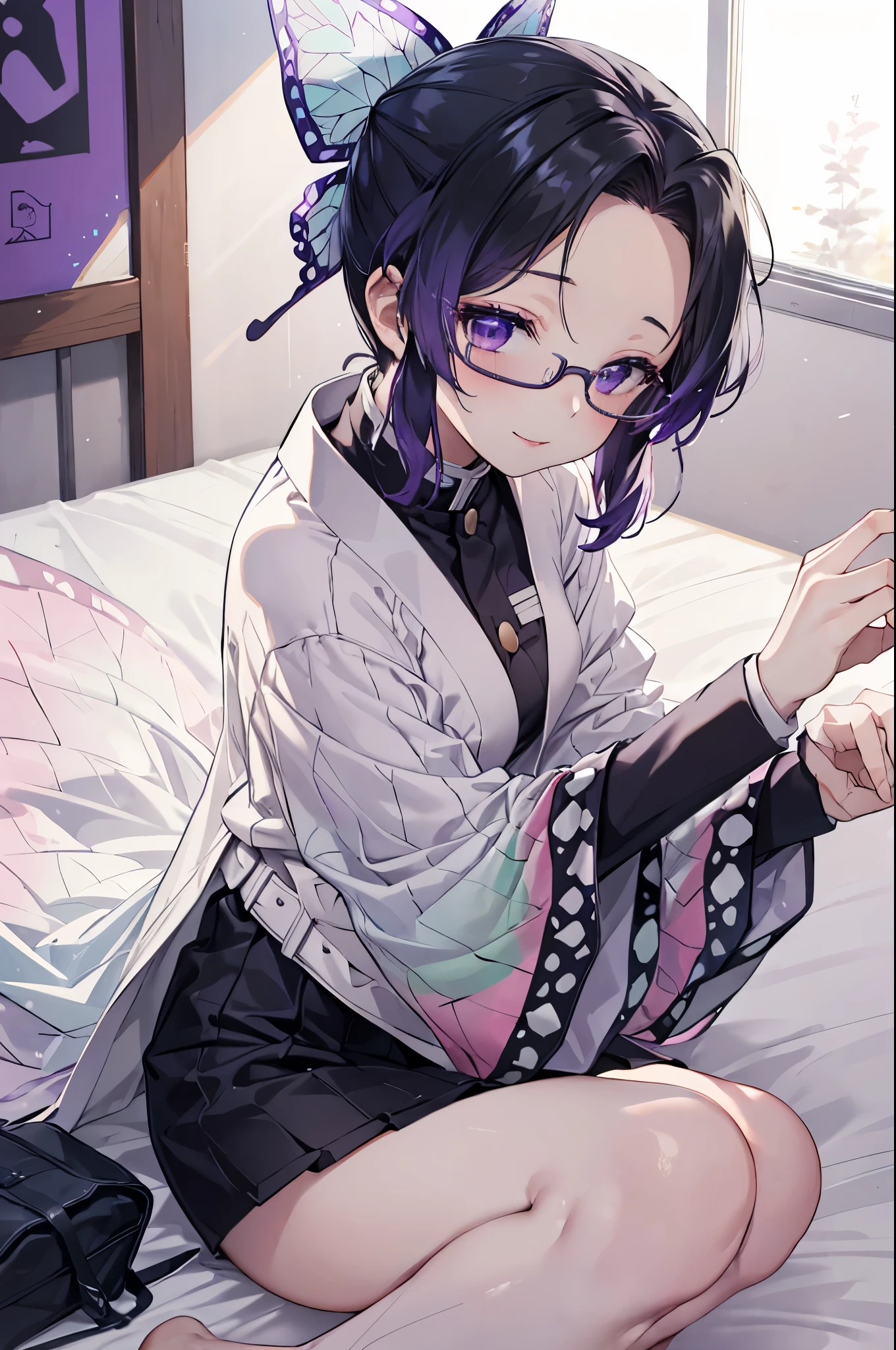 kochou shinobu, (Tabletop:1.3),(Highest quality:1.3), High resolution, Cooboy Shot, (pretty girl:1.3), solo, Big smile、Wear glasses、Wide forehead、Bob Purple Hair,Open your mouth ,caregiver,Hospital room、hospital,White nurse uniform,White nurse hat,Nurse attire、View your viewers,Black Pantyhose、White pants、The eyes are purple, Miraculous Eye、The underwear is transparent、The color of the underwear is a light blue bra and string pants、Yoga poses、Lie、I put my hand on the bedside、Lying in bed、Please stand up straight.、Squat position、Place your hands between your legs、Sit knee-to-knee、Perfect hands、Five fingers、Five Fingers、Raise one of your left arms、With your right hand, squeeze the pants of the buttocks tightly,、、Sweat around underwear、
