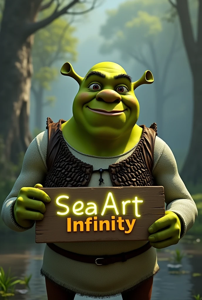 Photorealistic Shrek, holding a sing that says "SeaArt Infinity", swamp background, 8k, best quality, masterpiece, detailed background, neon text, smiling