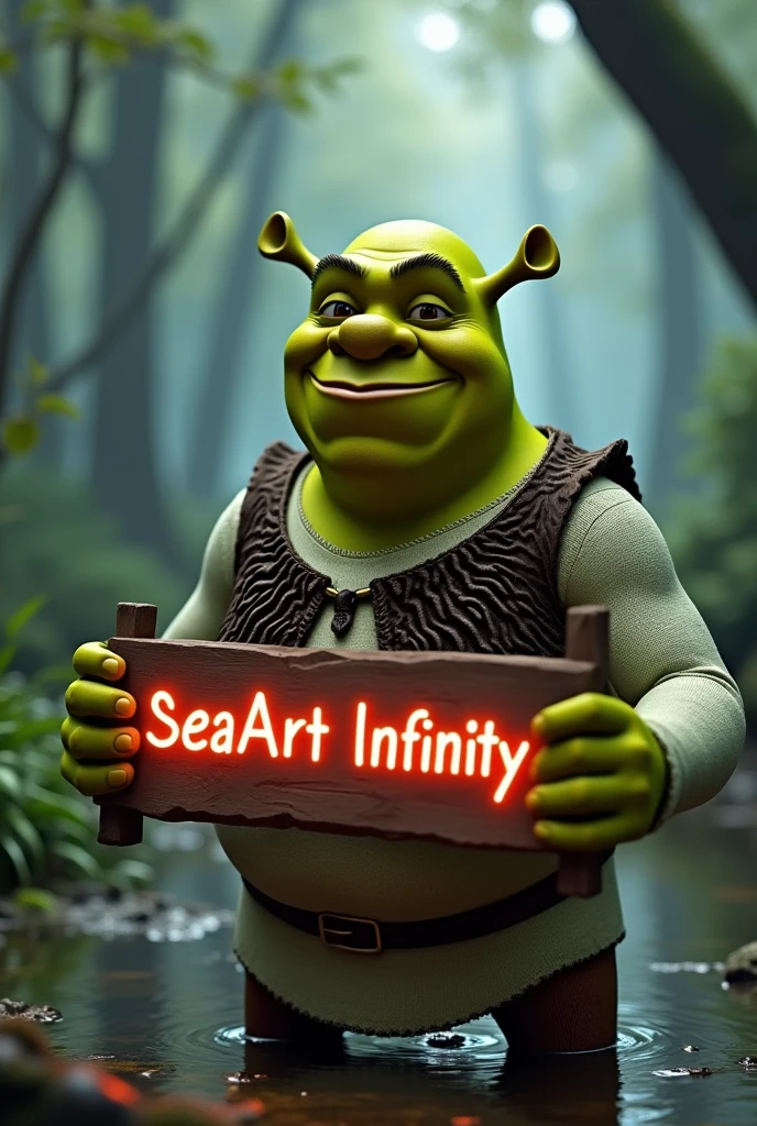 Photorealistic Shrek, holding a sing that says "SeaArt Infinity", swamp background, 8k, best quality, masterpiece, detailed background, neon text, smiling