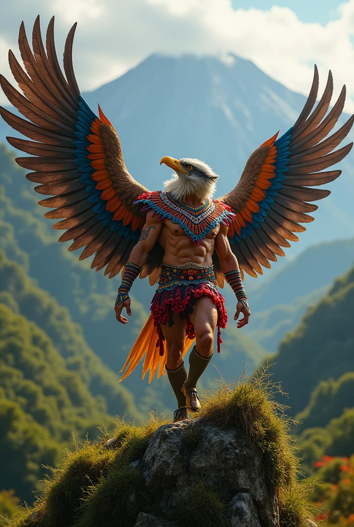 A superhero with Colombian culture, half human, half condor and peasant