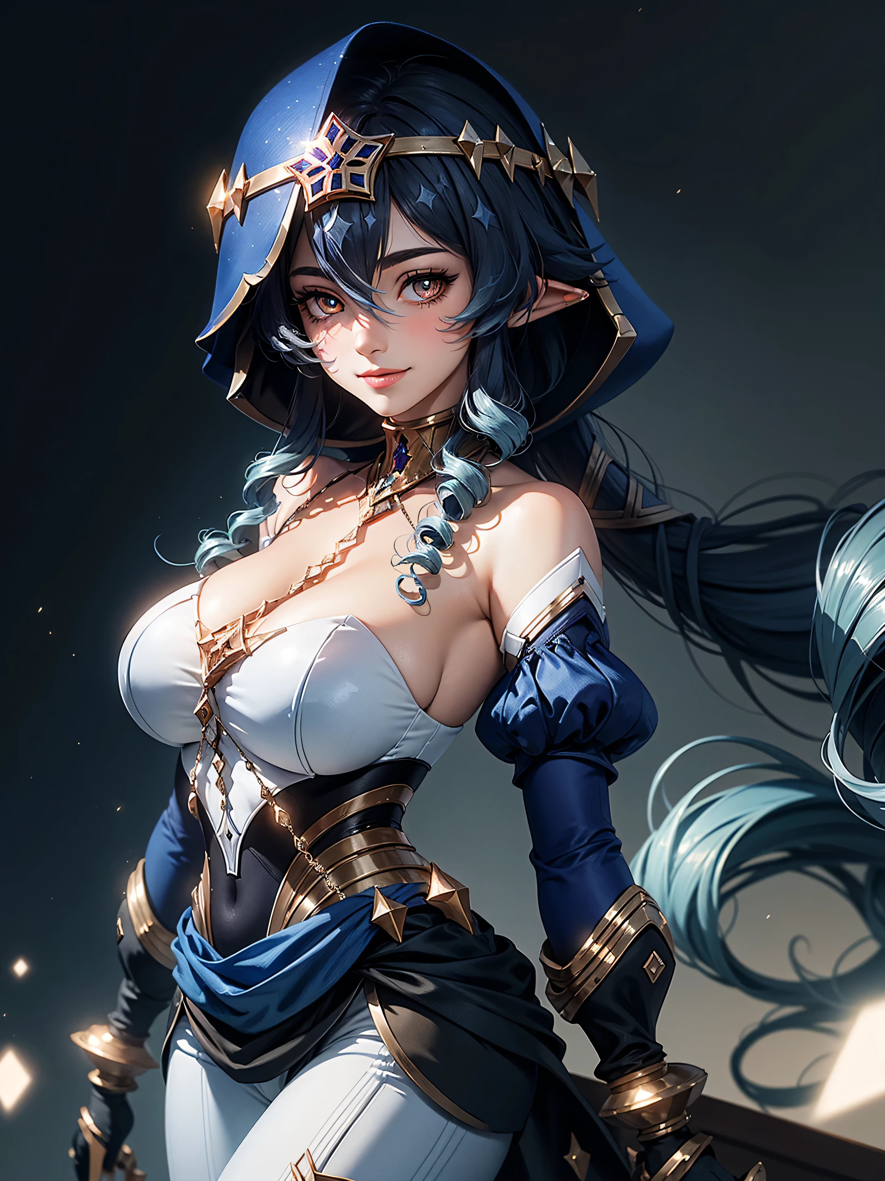 masterpiece, Super detailed, high quality, 8k CG, Huge breasts, layladef, night, blush, smile, Bright Eyes, Are standing, (Shining Eyes:1.5), Upper body details, Arms crossed,