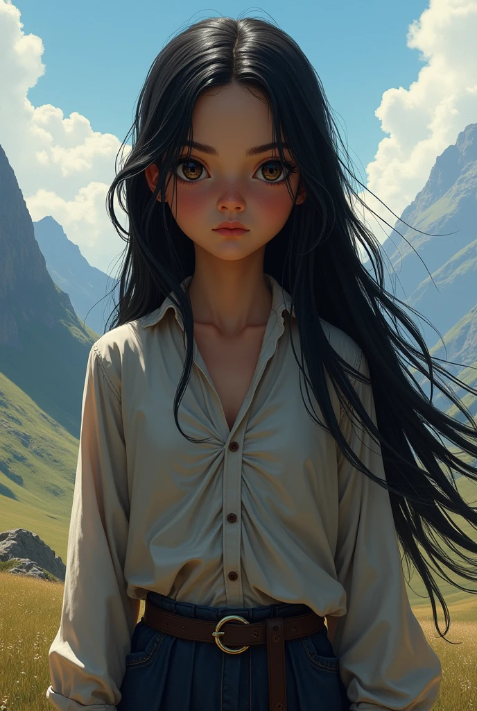 12 year old girl with long black hair and epic realism