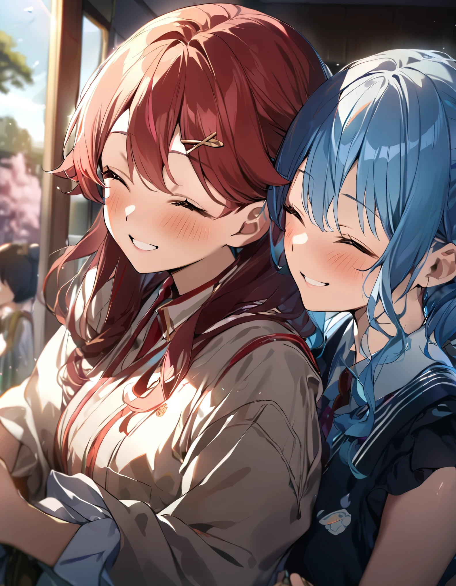 (((2girls))), together, two people, masterpiece, best quality, integrated scenery, integrated background, extremely delicate and beautiful, meticulous details, good composition, closed_eyes, cute face, perfect face, perfect hands, fingernails, sakura miko, SakuraMiko, HoshimachiSuisei, hoshimachi suisei, blurry background, sunlight, light blush, ((school)), upper body, looking each other, smile, , (hugging each other),in_school,sunlight,kissing,happiness,