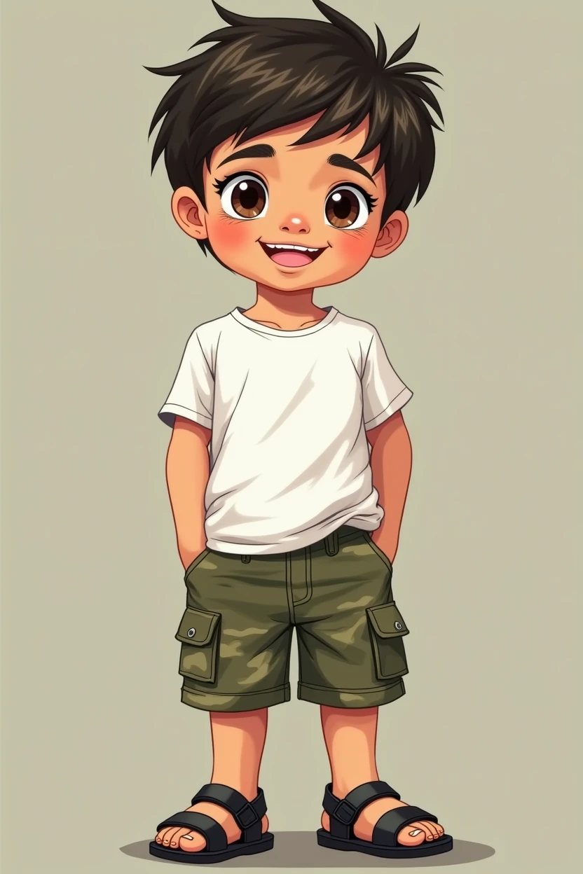 4 year old Latino boy. fluffly, shy smile, bonitas. has brown eyes. Wears a white short-sleeved t-shirt, green shorts with military print and, On the feet, wear black men's sandals (A sandal strap over the toes, a sandal strap over the instep and a sandal strap going behind your foot)