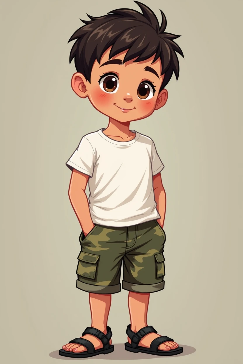 4 year old Latino boy. fluffly, shy smile, bonitas. has brown eyes. Wears a white short-sleeved t-shirt, green shorts with military print and, On the feet, wear black men&#39;s sandals (A sandal strap over the toes, a sandal strap over the instep and a sandal strap going behind your foot)