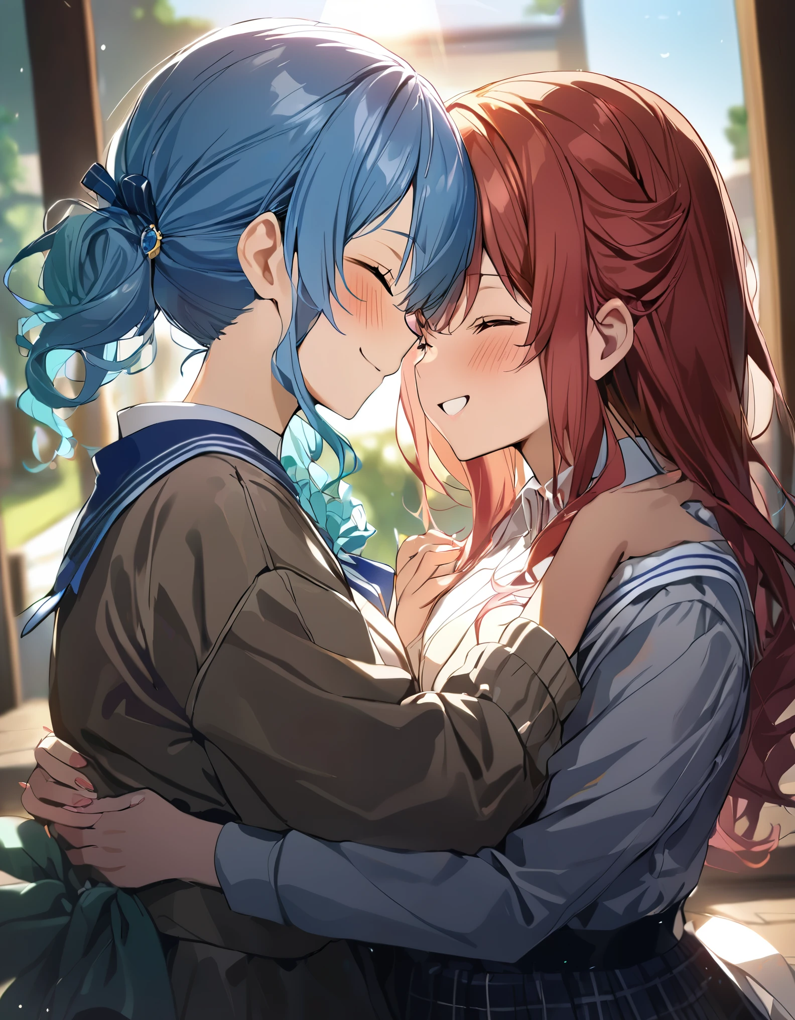 (((2girls))), together, two people, masterpiece, best quality, integrated scenery, integrated background, extremely delicate and beautiful, meticulous details, good composition, closed_eyes, cute face, perfect face, perfect hands, fingernails, sakura miko, SakuraMiko, HoshimachiSuisei, hoshimachi suisei, blurry background, sunlight, light blush, ((school)), upper body, looking each other, smile, , (hugging each other),in_school,sunlight,kissing,happiness,