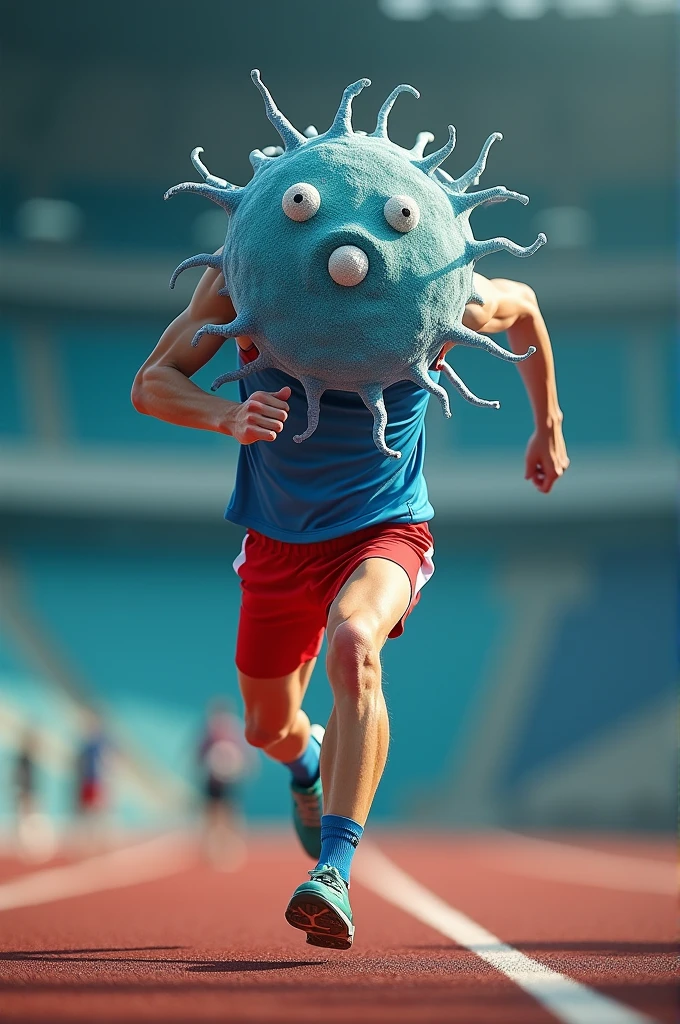 "Before dividing, Cells must go through a process known as the cell cycle.. It's like preparing for a big race!"
A cell in a runner's uniform, warming up before a race.