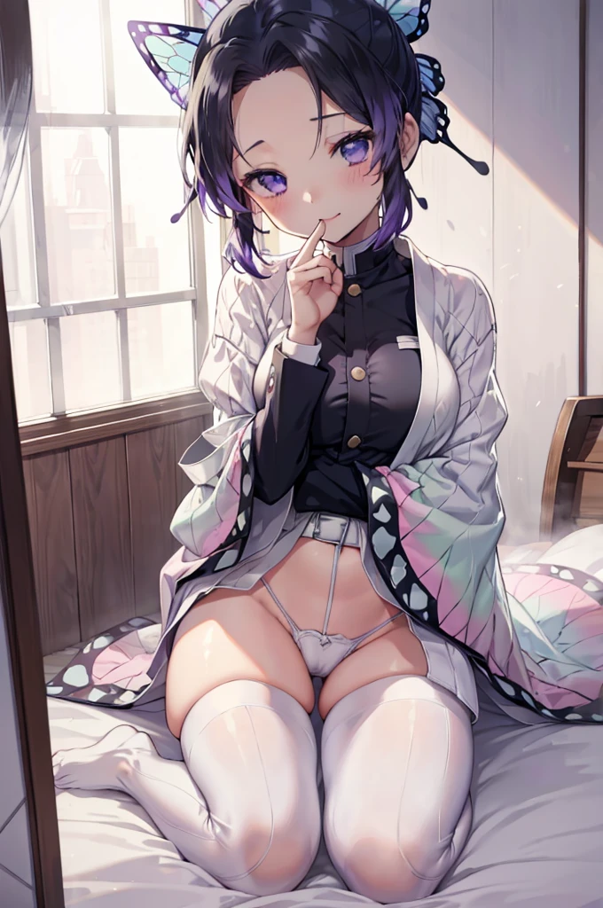 kochou shinobu, （Tabletop:1.3),(Highest quality:1.3), High resolution, Cooboy Shot, (pretty girl:1.3), solo, Big smile、Wear glasses、Wide forehead、Bob Purple Hair，Open your mouth ，caregiver，Hospital room、hospital，White nurse uniform，White nurse hat，Nurse attire、View your viewers，Black Pantyhose、White pants、skirt, The eyes are purple, Miraculous Eye、The underwear is transparent、The color of the underwear is a light blue bra and string pants、Yoga poses、Lie、I put my hand on the bedside、Lying in bed、Please stand up straight.、Squat position、Place your hands between your legs、Sit knee-to-knee、Perfect hands、Five fingers、Five Fingers、Raise one of your left arms、With your right hand, squeeze the pants of the buttocks tightly,、、Sweat around underwear、