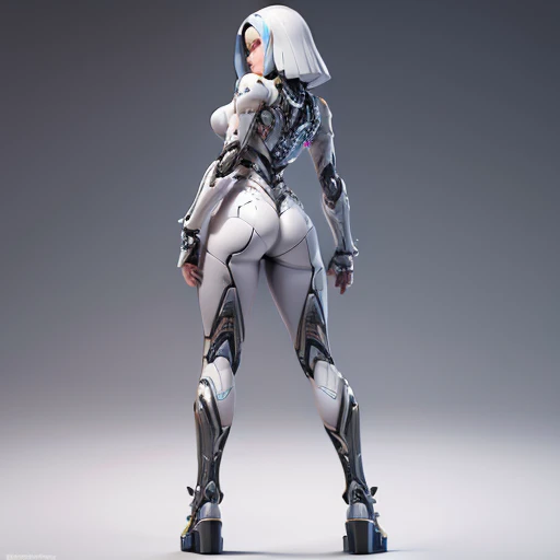 extreme biomechanical style, cyborg robot (female), beautiful robot assembled in a laboratory (future), extreme small waist, circuits and bimechanical parts in legs, hyperrealistic digital art Hyperrealistic, Amazing, surreal, full body shot, full body pose, perfect body, huge but, huge boobs, white and pink style, biomechanical style, back pose, +18