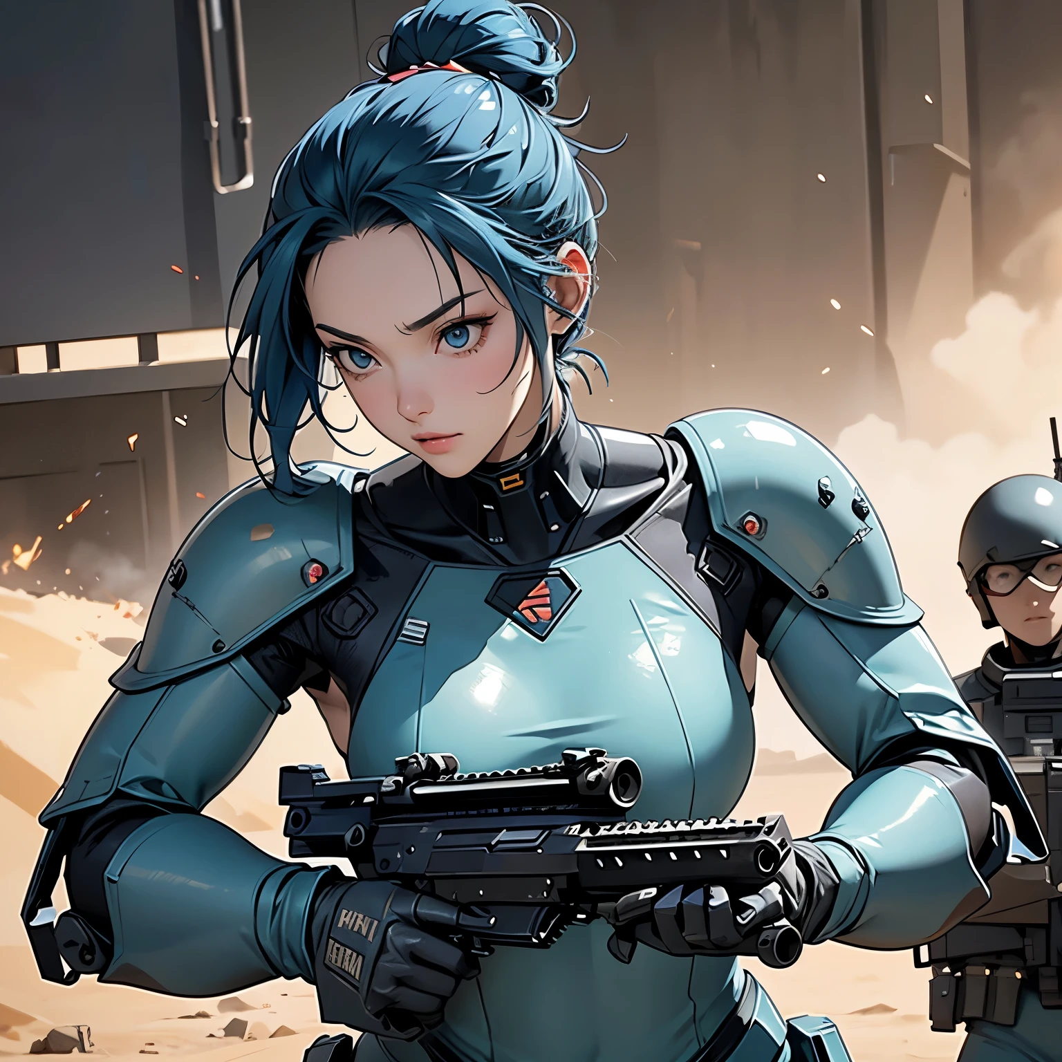 nsfw, anime screencap, 16K, perfect anatomy proportion body, perfect hands, action, A dynamic composition with a sense of speed and movement, (Hold an assault rifle:1.6), a wife, 40age, perfect beautiful delicate sexy face, erfect beautiful delicate drooping eyes, blue hair, hair bun, large breasts, abs, Camouflage-colored heavy armored steam engine full armor powered suit, Many heavily armored robot soldiers are engaged in a firefight in the background., Flying bullets, Remains of a destroyed spaceship, war, Post-apocalyptic,