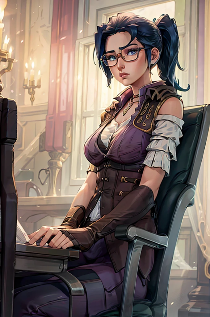 Arcane style ,Caitlynn sitting on a desk , hot , beautiful , glasses , teacher 