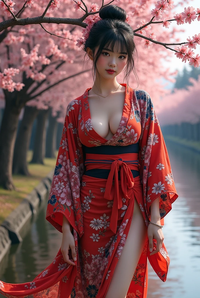 Japanese woman,Beautiful,40 years old,thick bodied,white skin yakuza tattoos,big chested,big ass,thick thighs,expression of lust,black hair color in bun,brown eye color,dressed in yukata,full body photo distance,dynamic point of view,wide open leg pose,cherry blossom riverside place,dim light,photo realism style