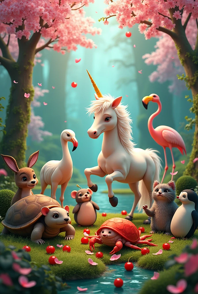 a unicorn, otter, tortoise, parrot, penguin, mouse, crab, swanland, flamingo, deer and a cat in a forest eating cherry