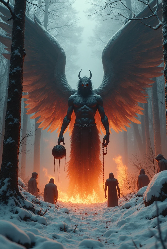 Very scary Lucifer with wings in the middle of a snow forest full of blood on fire, with a human head in one hand and a chain in the other hand terrorizing humans