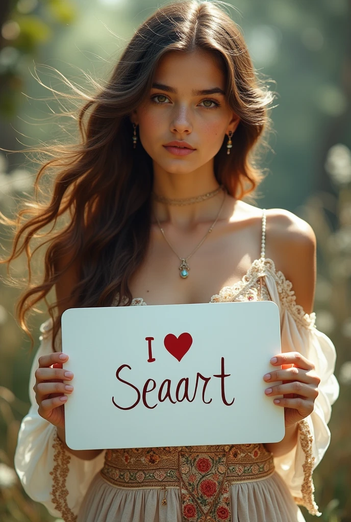 Beautiful girl with wavy long hair, bohemian dress, holding a white board with text "I Love Seaart Infinity" and showing it to the viewer