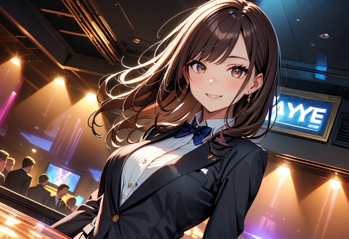 (Highest quality:1.2, Attention to detail, masterpiece:1.2, Best aesthetics), (1 girl), Cowboy Shot,Huge breasts、 ((Playboy Bunny, Fishnet tights:1.2, Bunny ears, ハイレグ leotard, 黒leotard:1.1, leotard)), (Black Hair, Long Hair, Asymmetrical bangs, Dark brown eyes), 美しいAttention to detail目, Beautiful lip detail, Highly detailed face, Detailed Fashion, elegant, luxury, High quality fabric, Shine, Shine, smile, Random Pause, Dutch Angle, bar, Nightclub, night, Dramatic lighting, Cinematic, Bright colors, Intricate details, Chiaroscuro lighting.