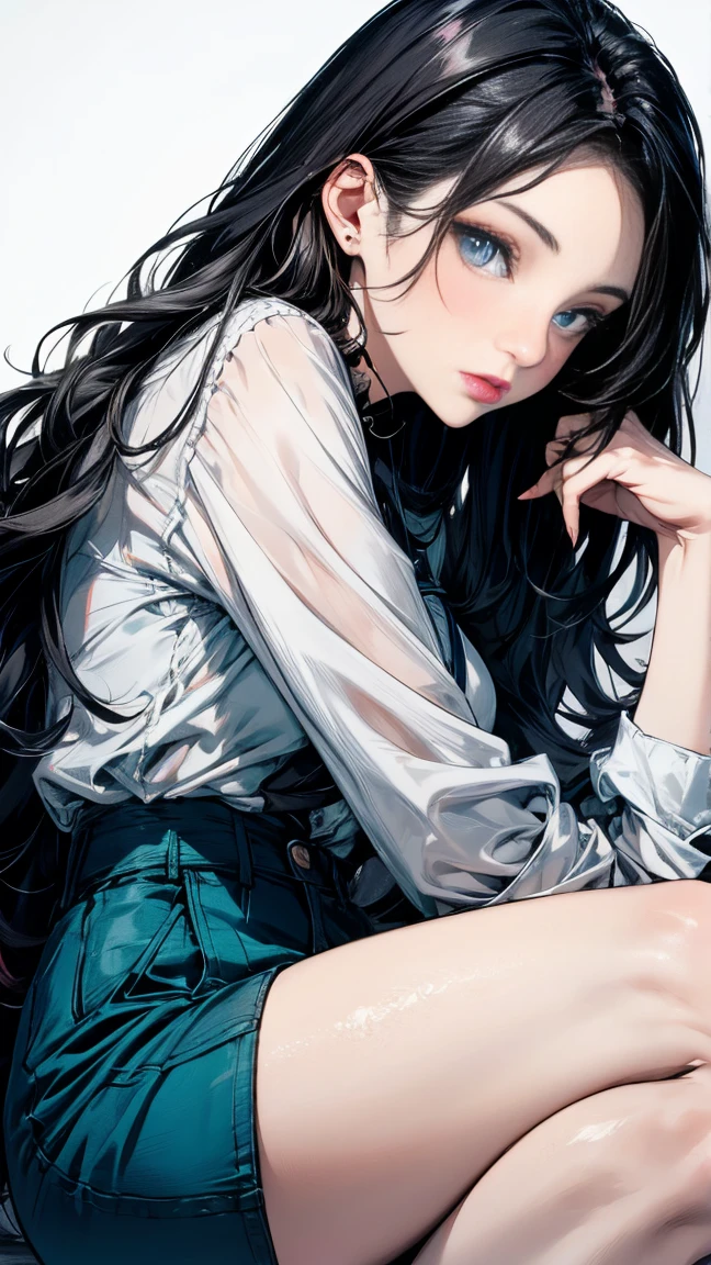 A beautiful woman with long black hair, teal eyes, pale skin, and pink lips.
