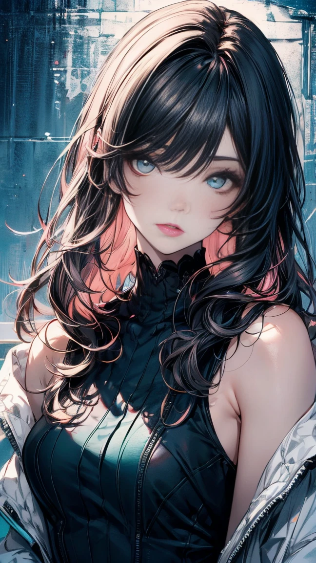 A beautiful woman with long black hair, teal eyes, pale skin, and pink lips.
