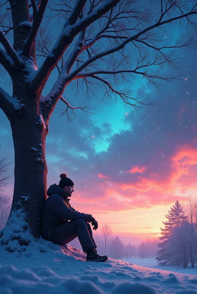 Ai image of a man sitting under the tree in snowfall at night beast scene  beautiful colourful sky
