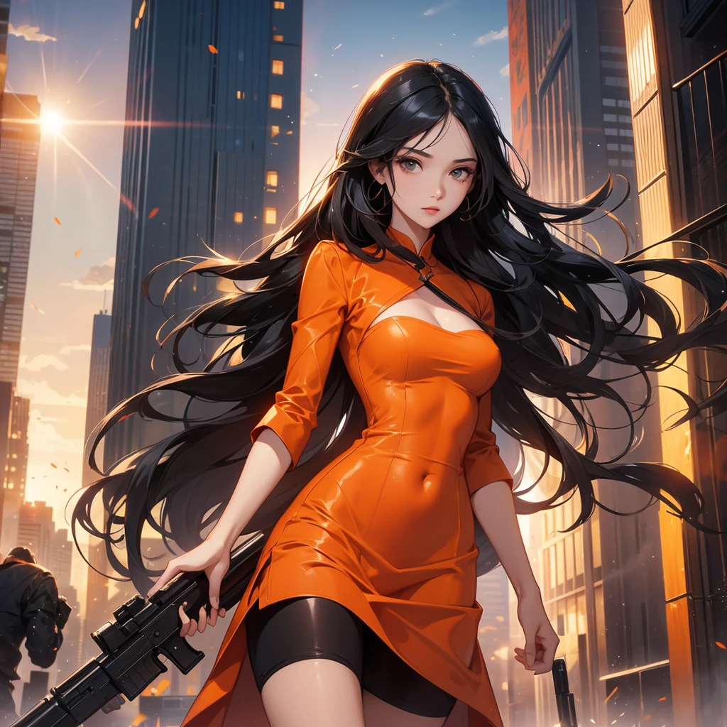 a beautiful woman with long black hair, wearing a tight orange dress, standing holding a pistol, aiming the barrel at the bad guys, on a tall building, the sun is setting.