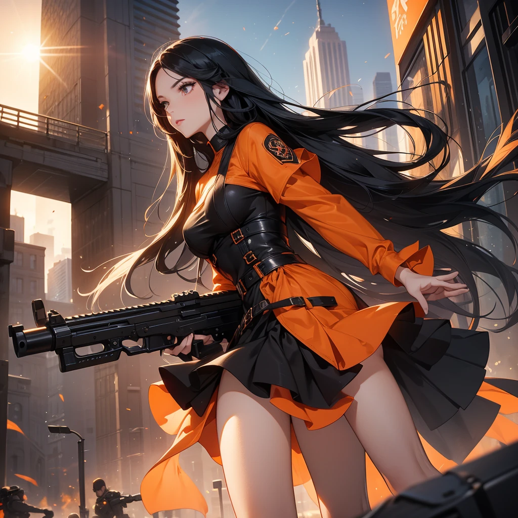 a beautiful woman with long black hair, wearing a tight orange dress, standing holding a pistol, aiming the barrel at the bad guys, on a tall building, the sun is setting.