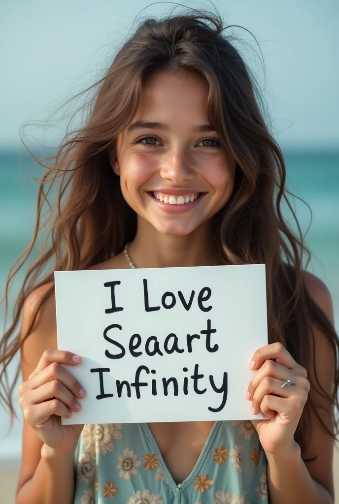 Beautiful girl with wavy long hair, bohemian dress, holding a white board with text "I Love Seaart Infinity" and showing it to the viewer video