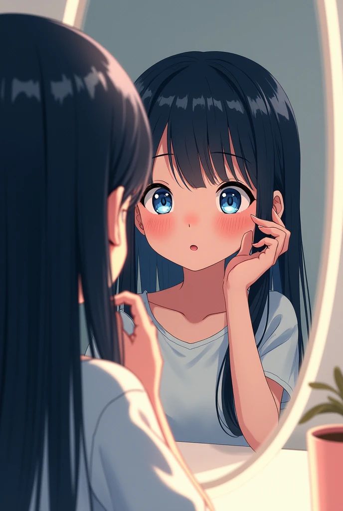 A girl with black hair and light blue eyes surprised looking at herself in a mirror holding her hair manga style