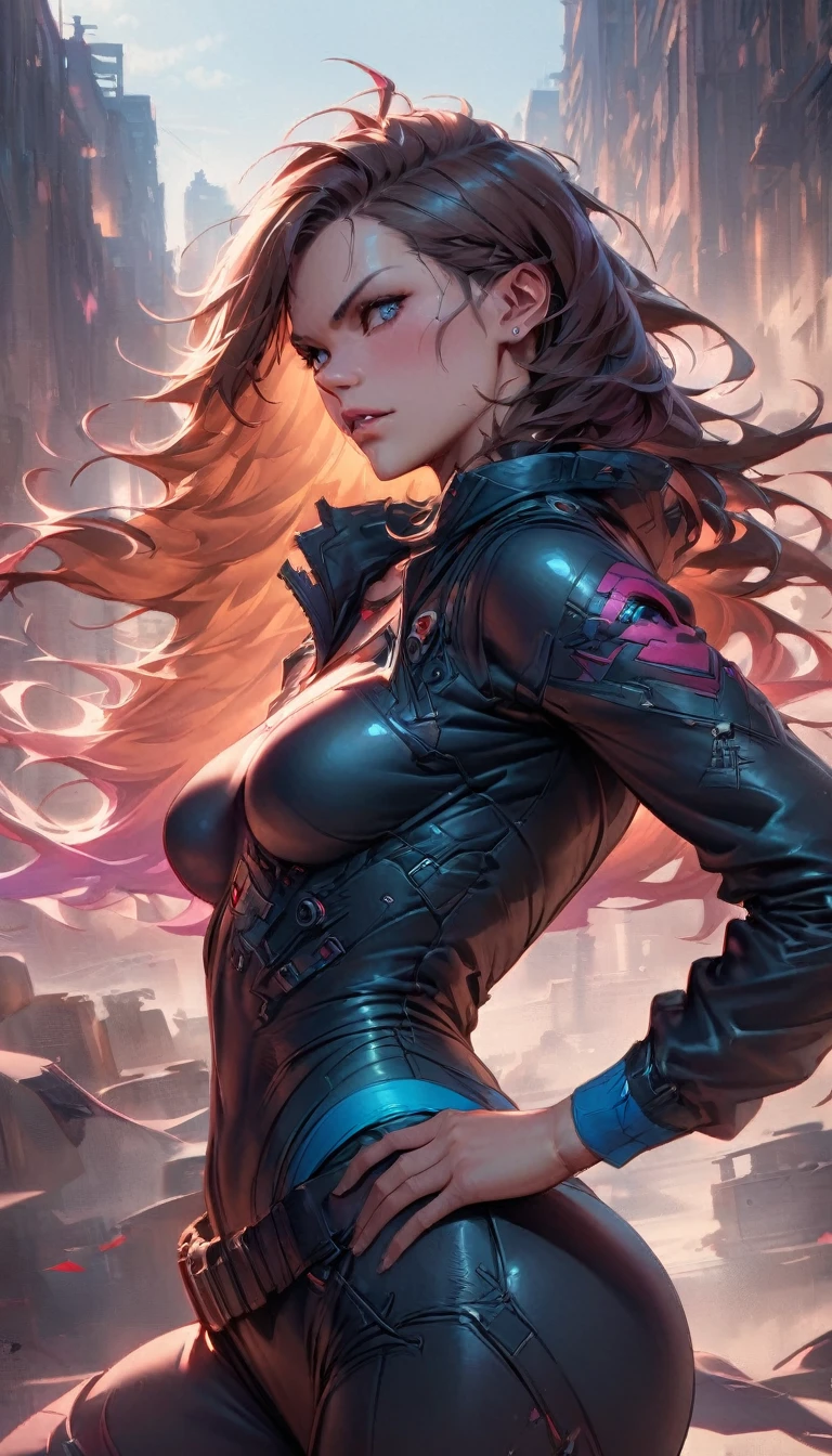 best quality,4k,8k,highres,masterpiece:1.2),ultra-detailed, extremely detailed eyes, extremely detailed body, (large masterpiece digital art), (detailed manga illustration), (detailed line art), ((perfect anatomy)), (intricate details:1.3), (ultra-detailed:1.3), (illustration:1.3), (sharp focus:1.3), (natural lighting:1.05), (vivid colors:1.3), (masterpiece), (best quality:1.4), (perfect anatomy:1.4), high quality, expressive eyes, full body, detailed face, beautiful face, perfect face, 1boy, angry, ((male focus)), muscular, detailed messy hair, long hair, brown hair, blue eyes, t-shirt, jean pants, sneakers, cinematic lighting, dramatic atmosphere, Atey Ghailan, Jeremy Mann, Greg Manchess, Antonio Moro, trend in ArtStation, trend in CGSociety, Intricate, High Detail, Sharp focus, dramatic and photorealistic painting art by Midjourney and Greg Rutkowski, Jeff Bridges, ((cartoon style)), Marvel Cinematic Universe style, (((ruined city in the background))),