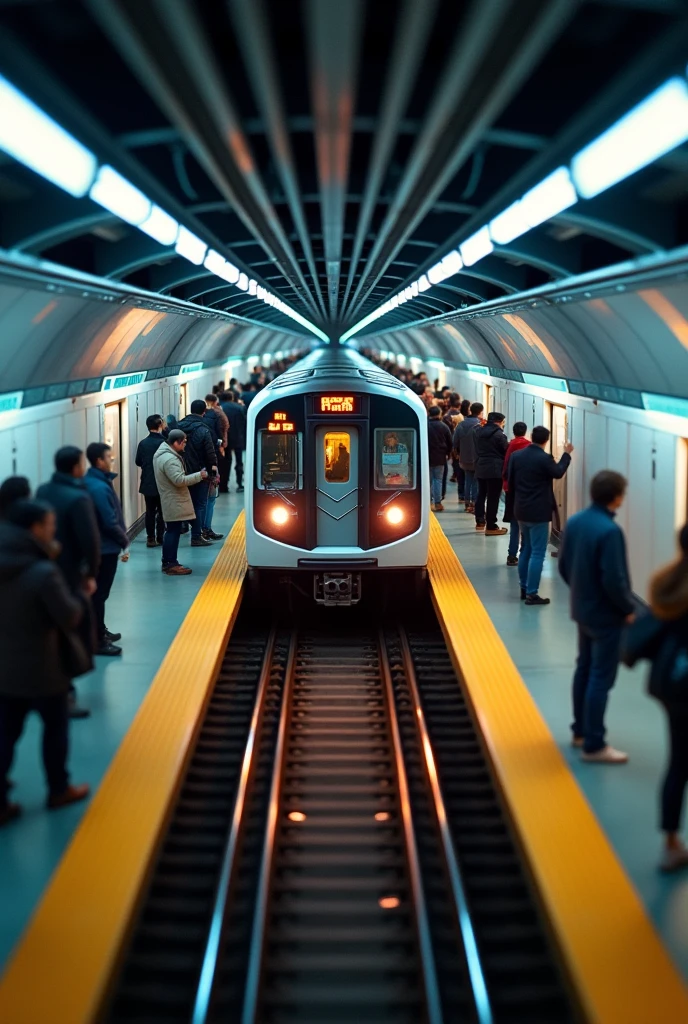 From a drone perspective, a bright and positive subway train is pulling into the platform, with people waiting in line and getting ready to board.