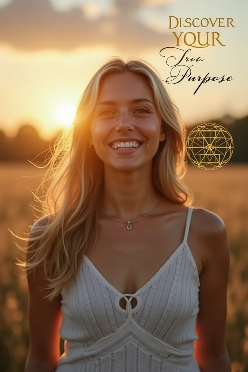 Create an inspiring image that conveys confidence and self-awareness. The image should include a smiling and confident woman in a natural setting, such as a field or garden, at sunrise or sunset. Her expression should convey confidence and serenity.
Incorporate a Star of David discreetly positioned in a corner of the image or subtly into the background. Add elements of soft golden lights radiating around the woman to create an effect of illumination and mysticism.
Include a numerological diagram in a lateral area or subtly within the image to suggest the in-depth and analytical content of the numerological map. Add a catchy phrase at the top or bottom of the image: "Discover Your True Purpose", using an elegant and legible font with colors that harmonize with the rest of the image (gold and soft blue).
Use soft and comforting tones, with a mystical and attractive touch, blending natural light and graphic elements to create a harmonious look.