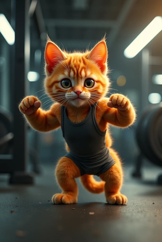 An orange kitten at the gym doing exercises,make him like a human,doing exercises even,but don't make it cute!