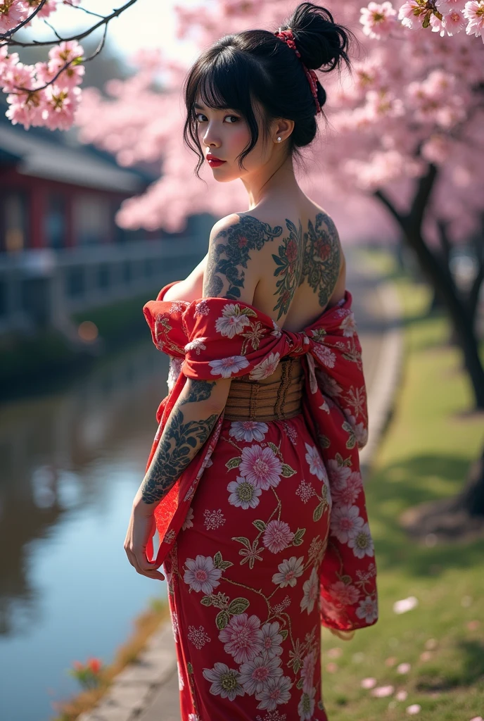Japanese woman,Beautiful,40 years old,thick bodied,white skin yakuza tattoos,big chested,big ass,thick thighs,expression of lust,black hair color in bun,brown eye color,dressed in yukata,full body photo distance,dynamic point of view,wide open leg pose,cherry blossom riverside place,dim light,photo realism style