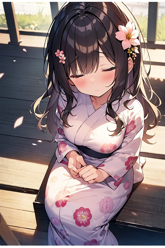 (Masterpiece, Top quality:1.5), nsfw, (from front, from above:1.2), 1 beautiful girl, solo, sitting, Blonde, medium Hair, wavy Hair, asymmetry bangs, swept bangs, airy hair, (medium breasts:1.1), 16 year old, (flower printed yukata :1.3), shy:1.1, (blush:1.4), beautiful scene of outdoor, beautiful scene of narrow alley, magnificent panorama view, blurry background, closed eyes