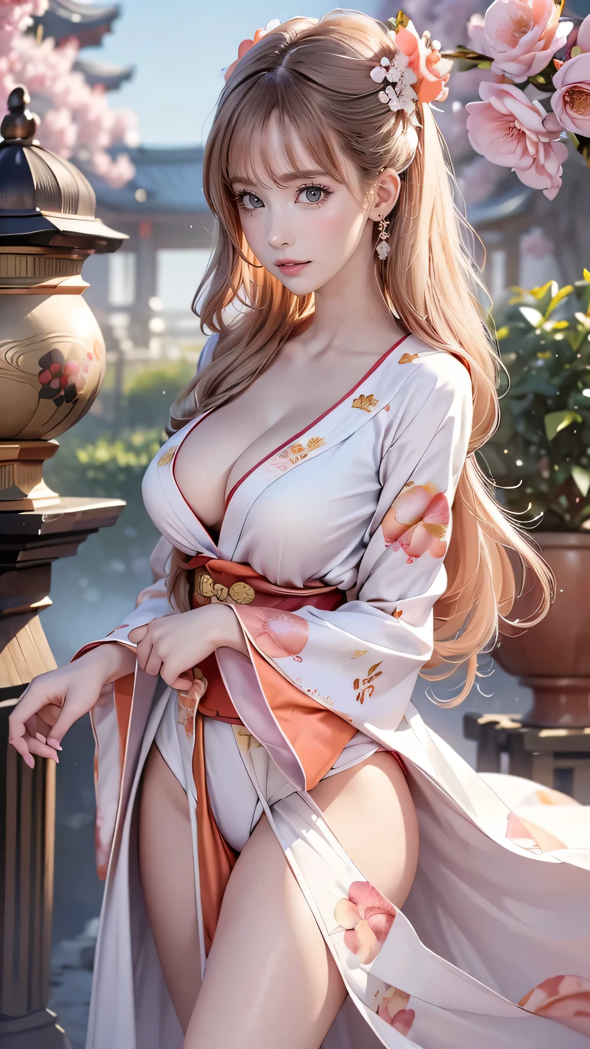 (8k, highest quality, masterpiece)，(Realistic, RAW Photos, Super Fine Clear), Realistic Light, Detailed skin, (1 beautiful lady with a slim body, Age 25:1.5), Thin legs, fine grain, wavy Long white hair, Detailed fingers, thin, Sexual, Expressions of Ecstasy, (huge bouncing firm bust:1.4), (wearing Japanese traditional kimono:1.2),(The chest of kimono is widely open:1.3), (peach trees, peach flower garden, Flower Storm:1.2)