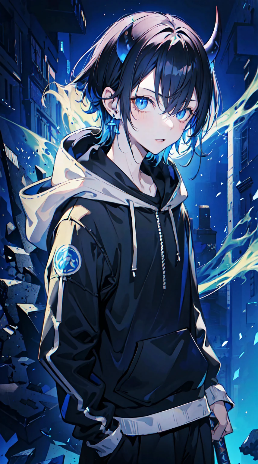 1 person, best quality, masterpiece, 1 teen boy, scruffy black hair, bangs, Blue eyes, long earrings, black hoodie, blue demon horns, blue katana, at the back, moon, dark night, looking at viewer, upper body.