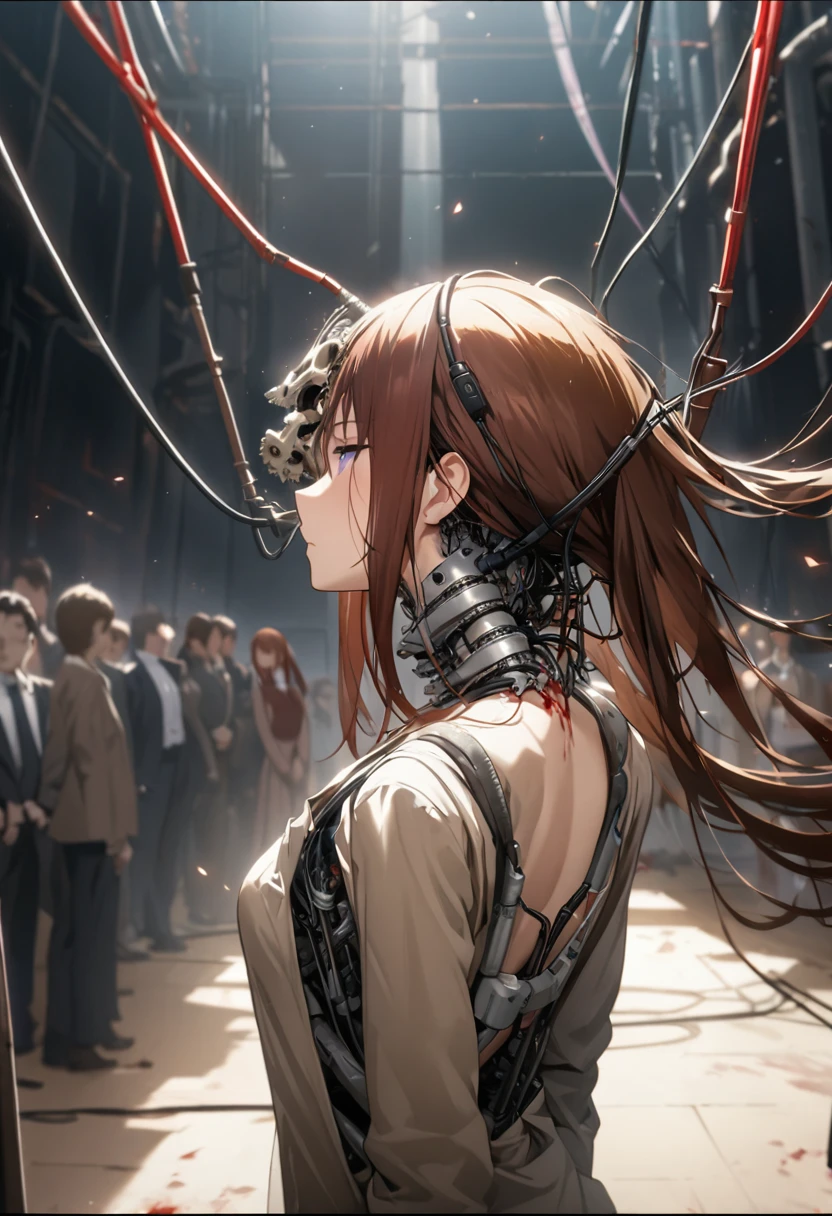 One girl, (makise kurisu, Steinsgate),(((masterpiece))), ((Highest quality)), (Super Detail), (CG illustration), (so beautiful)), Light, single, (Mechanical Arts: 1.4), ((Mechanical Limbs)), (Blood vessel attached to a tube), ((Mechanical spine attached to the back)), ((Mechanical cervical spine attached to the neck), (Return to the audience)), poker face, ( Wires and cables connecting the head and torso: 1.5), sf, revelation, What&#39;s left behind, (Lower body integrated with mechanism), (Blood: 1.5), Cruel, Confused, , Integration with machines, end, Super Future, inorganic, Research Room, constrained, (Beautiful luxury: 1.2), (1 girl: 1.3), A body wrapped in mechanical tentacles