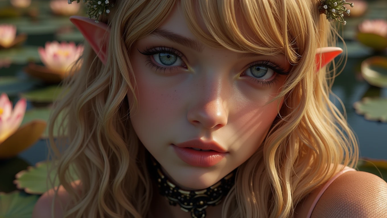 18 year old woman, 8k, HD, masterpiece, Very precise, anatomically correct, textured skin, Very detailed, High details, high quality, Awarded many times, Best Quality, ((ultra realistic)), ((Whole body)), ((full shot)), big breasts, female masturbation, jet, open legs, SEX, seductive face, very transparent mesh lingerie, bare breasts, (greek face), golden hair, perfectly matching blue eyes, ((elven ruins,crystal clear lake, lotus flowers))