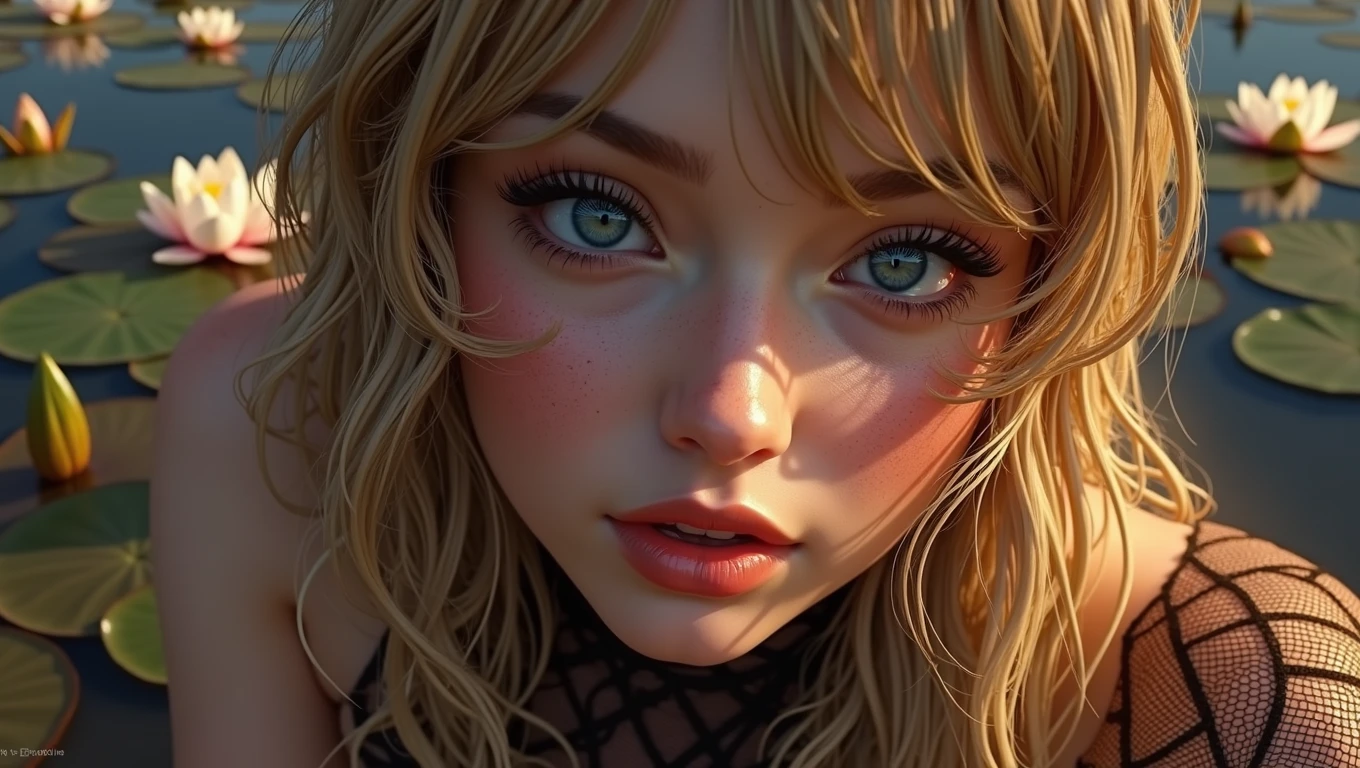 18 year old woman, 8k, HD, masterpiece, Very precise, anatomically correct, textured skin, Very detailed, High details, high quality, Awarded many times, Best Quality, ((ultra realistic)), ((Whole body)), ((full shot)), big breasts, female masturbation, jet, open legs, SEX, seductive face, very transparent mesh lingerie, bare breasts, (greek face), golden hair, perfectly matching blue eyes, ((elven ruins,crystal clear lake, lotus flowers))