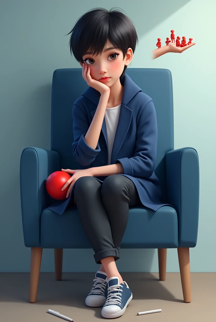 18 age Cut to blue chair sitting on right leg left leg blue coat white pen
The right hand holds a red ball
Looking at the camera, straight ahead
After full pants
Red guys will be on one finger of the left hand