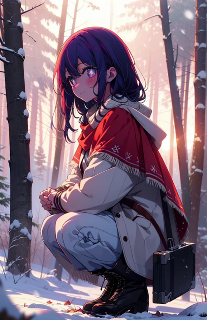 aihoshino, Ai Hoshino, Long Hair, bangs, (Purple eyes:1.1), Purple Hair, (Symbol-shaped pupil:1.5), smile,,smile,blush,white breath,
Open your mouth,snow,Ground bonfire, Outdoor, boots, snowing, From the side, wood, suitcase, Cape, Blurred, , forest, White handbag, nature,  Squat, Mouth closed, Cape, winter, Written boundary depth, Black shoes, red Cape break looking at viewer, Upper Body, whole body, break Outdoor, forest, nature, break (masterpiece:1.2), Highest quality, High resolution, unity 8k wallpaper, (shape:0.8), (Beautiful and beautiful eyes:1.6), Highly detailed face, Perfect lighting, Extremely detailed CG, (Perfect hands, Perfect Anatomy),
