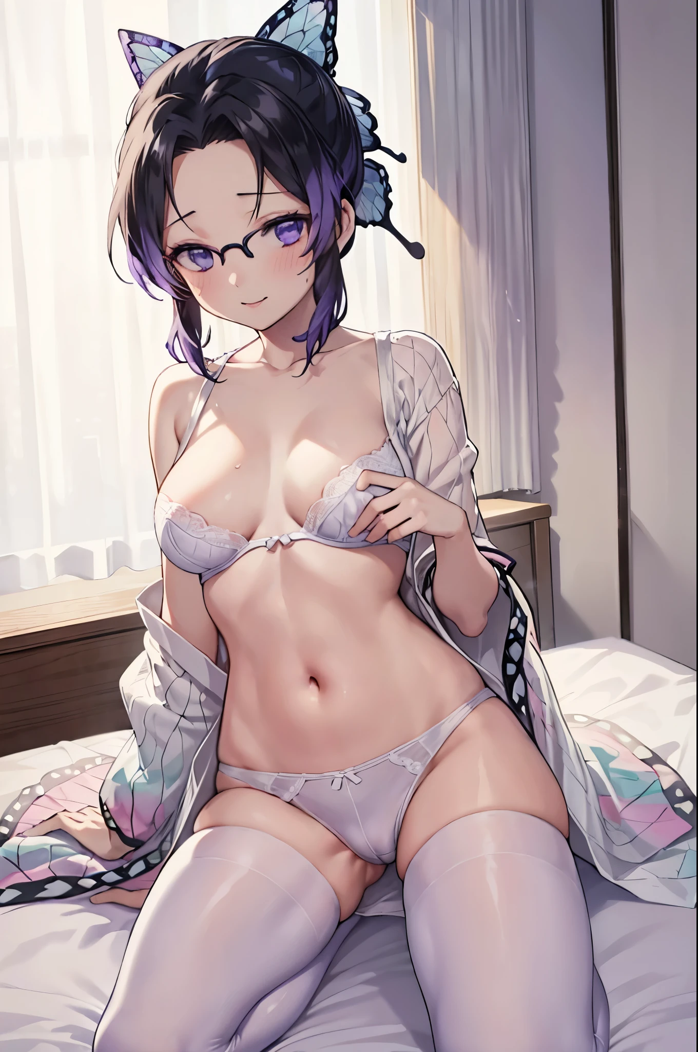 kochou shinobu, (Tabletop:1.3),(Highest quality:1.3), High resolution, Cooboy Shot, (pretty girl:1.3), solo, Big smile、Wear glasses、Wide forehead、Bob Purple Hair,Open your mouth ,caregiver,Hospital room、hospital,White nurse uniform,White nurse hat,Nurse attire、View your viewers,Black Pantyhose、White pants、skirt, The eyes are purple, Miraculous Eye、The underwear is transparent、The color of the underwear is a light blue bra and string pants、Yoga poses、Lie、I put my hand on the bedside、Lying in bed、Please stand up straight.、Squat position、Place your hands between your legs、Sit knee-to-knee、Perfect hands、Five fingers、Five Fingers、Raise one of your left arms、With your right hand, squeeze the pants of the buttocks tightly,、、Sweat around underwear、