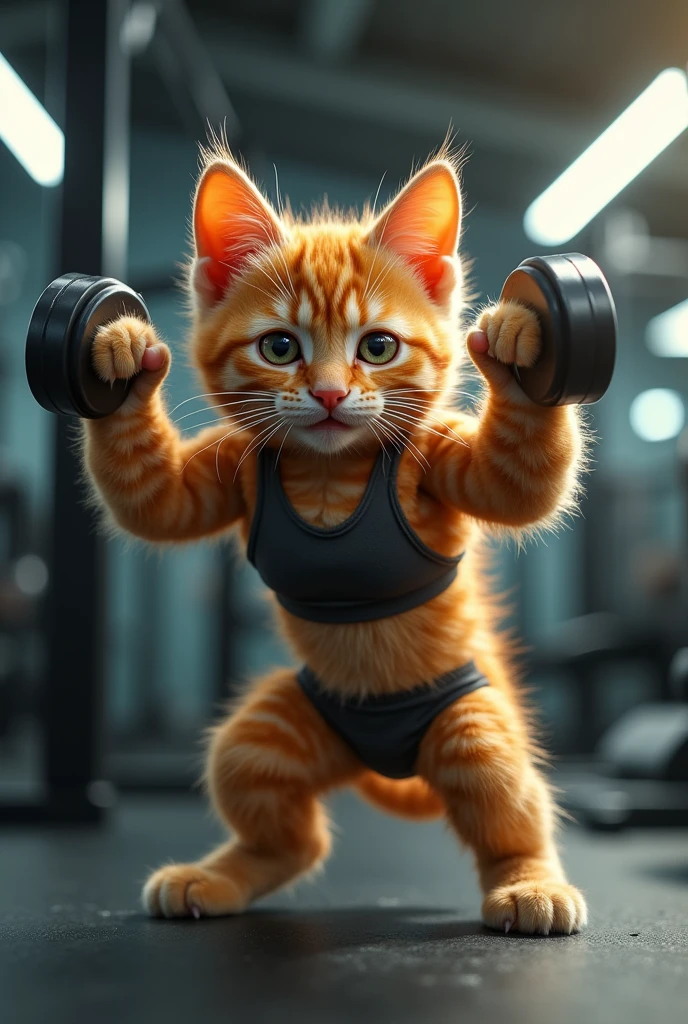 An orange kitten at the gym doing exercises,make him like a human,doing exercises even,but don&#39;t make it cute!
