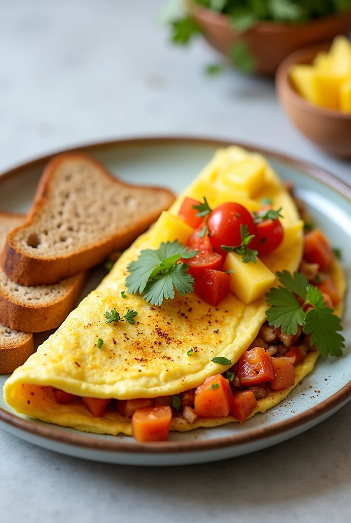 Mexican egg omelette with 2 slices of whole wheat bread and a portion of tropical fruit