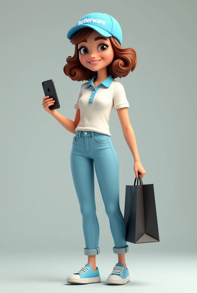illustration 3d render, style Powerpuff Girl, with a light blue cap, with text white "Betterware". white blouse style polo, jeans, sneakers wavy short brown hair and smile. with an iphone in a hand and a black shopping bag